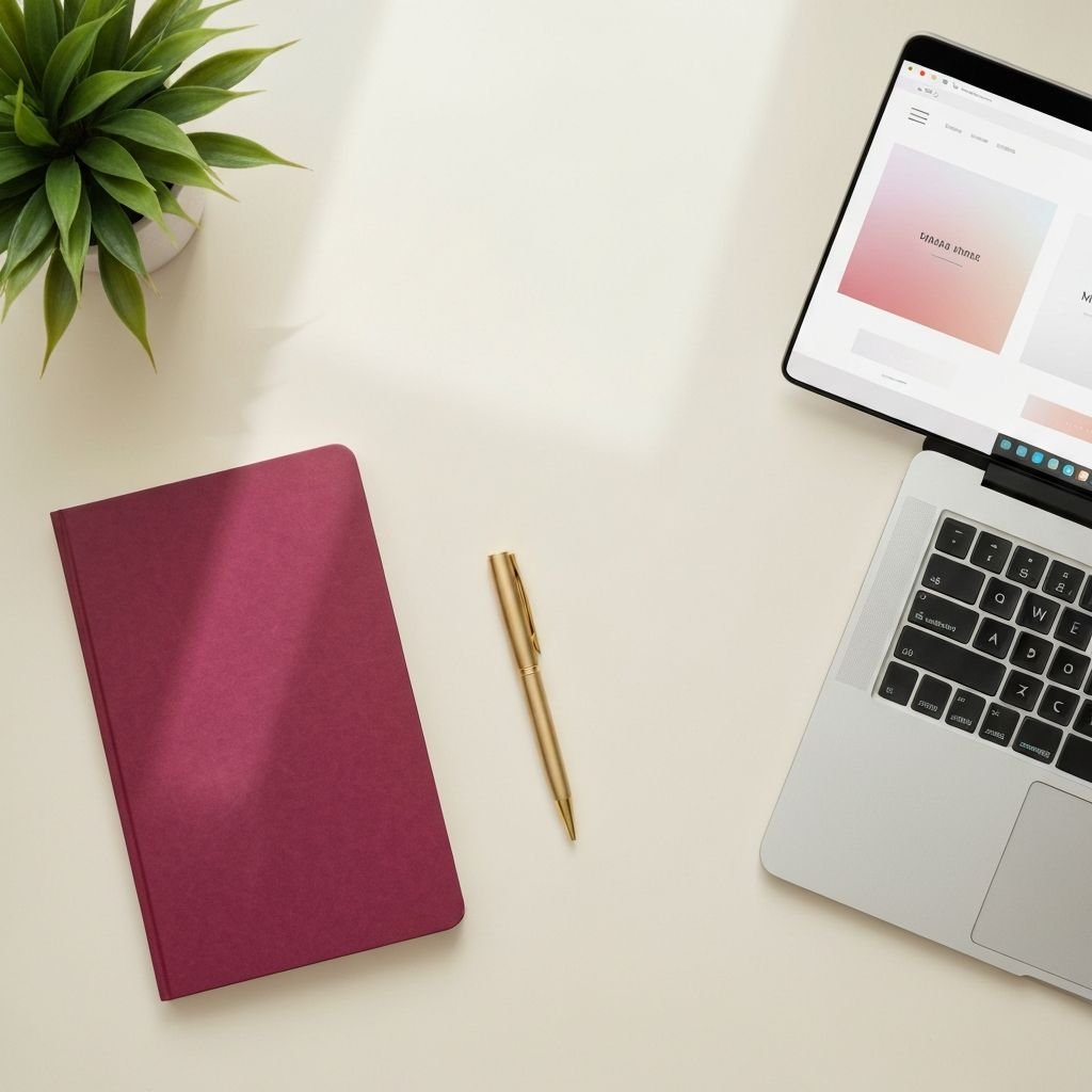 Workspace with laptop, crimson notebook, and gold pen